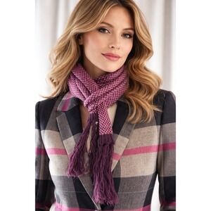 GAP Knit Scarf Women Pink‎ Burgundy Houndstooth Tassels Acrylic Boho Chic 70-40